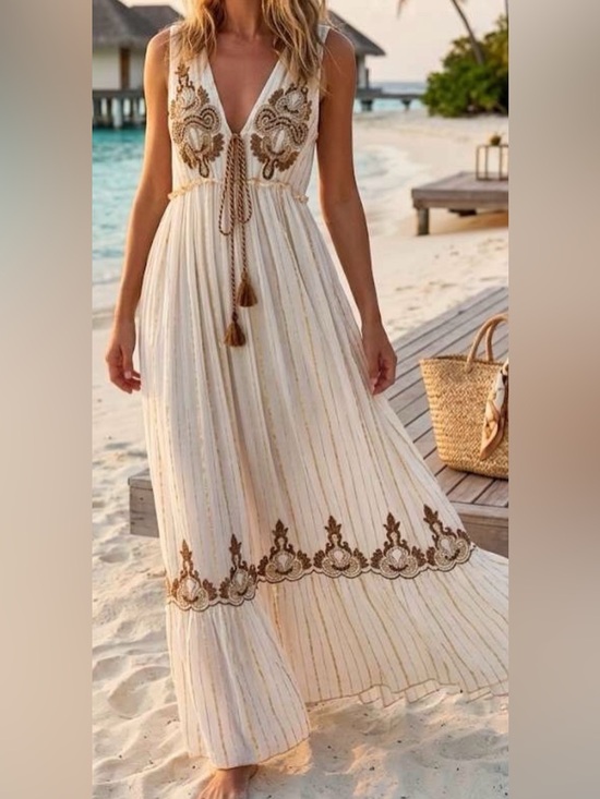 Anisa Dresses & Skirts - Anisa Spain Goddess Boho Resort Maxi Dress Ecru w/Gold Beaded Sequin Tiered M/L